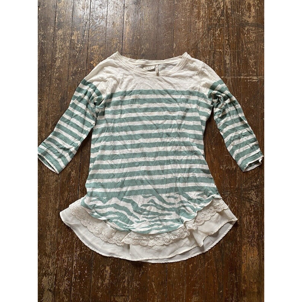 LOGO Lori Goldstein Womens Blue Cotton Striped Lace Tiered Hem 3/4 SleeveTop XXS